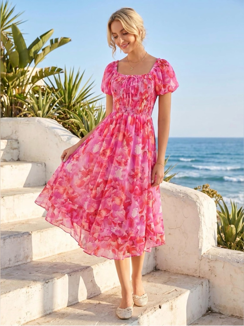 NWT Pink Floral Puff-Sleeve Dres-S - Picture 1 of 17